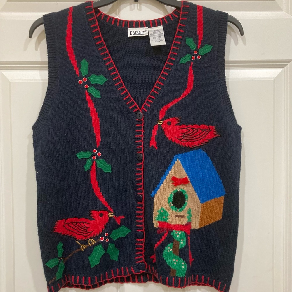 Ugly Christmas Sweater vintage capacity Vest sz M blue red Cardinal
